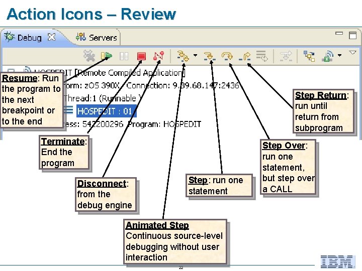 Action Icons – Review Resume: Run the program to the next breakpoint or to