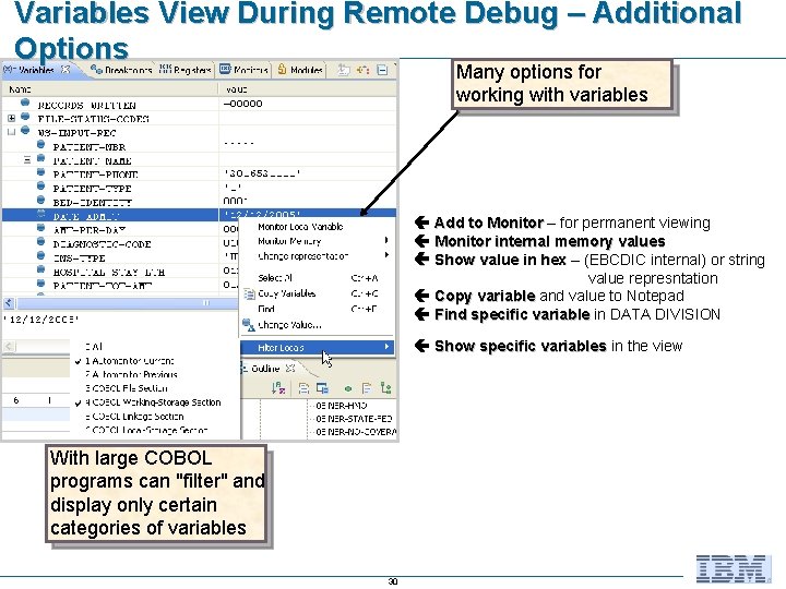 Variables View During Remote Debug – Additional Options Many options for working with variables
