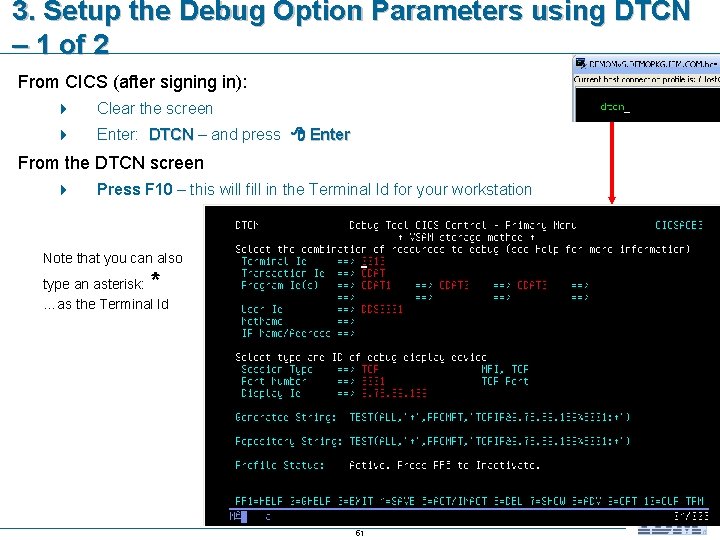 3. Setup the Debug Option Parameters using DTCN – 1 of 2 From CICS