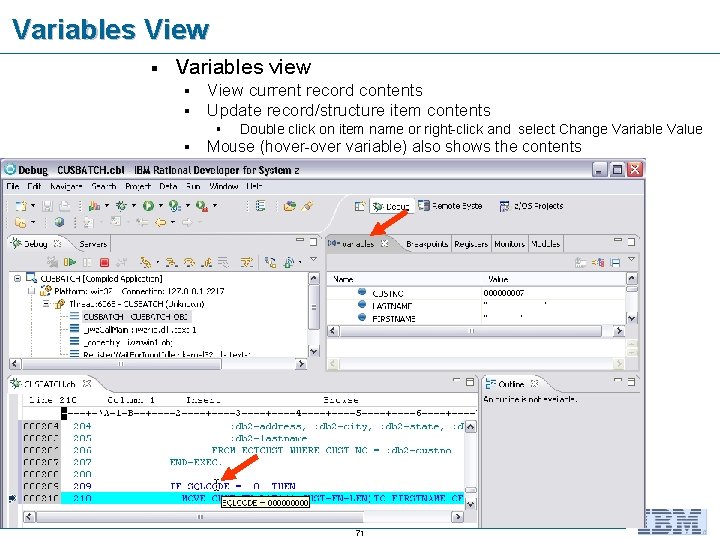Variables View § Variables view § § View current record contents Update record/structure item