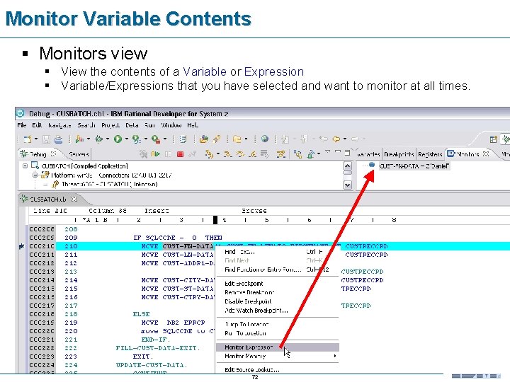 Monitor Variable Contents § Monitors view § View the contents of a Variable or