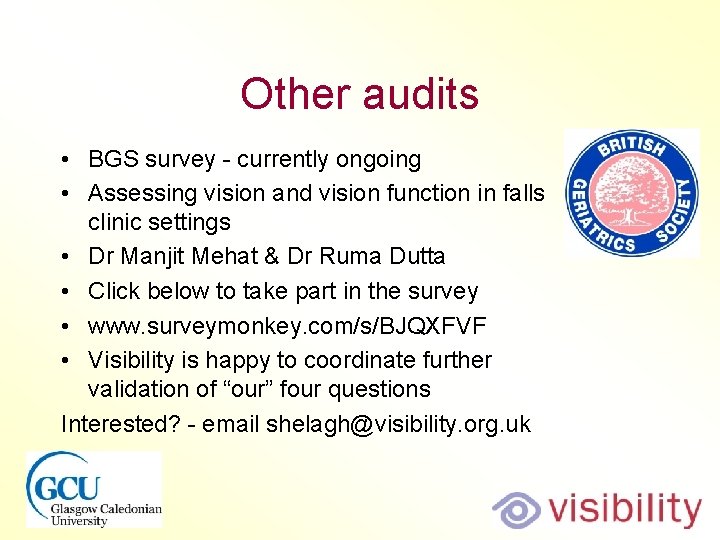 Other audits • BGS survey - currently ongoing • Assessing vision and vision function
