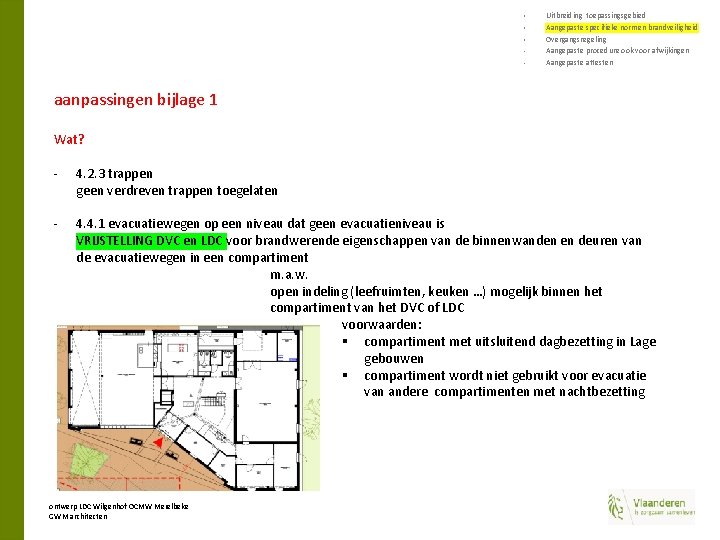 § § § • • Uitbreiding toepassingsgebied Aangepaste specifieke normen brandveiligheid Overgangsregeling Aangepaste procedure