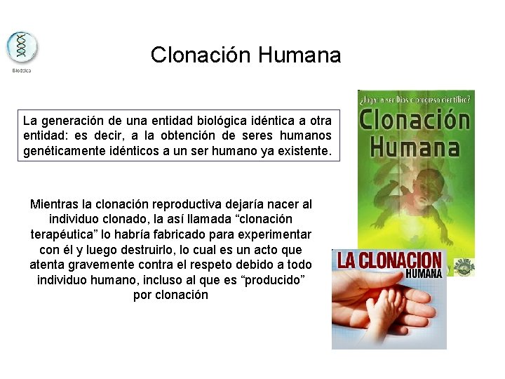 Clonación Humana La generación de una entidad biológica idéntica a otra entidad: es decir,