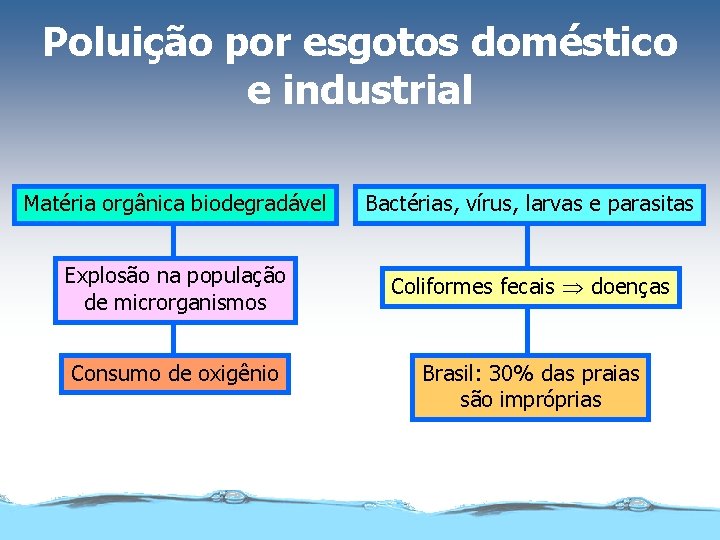 Poluição por esgotos doméstico e industrial Matéria orgânica biodegradável Bactérias, vírus, larvas e parasitas