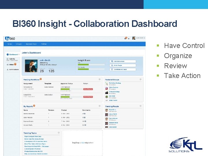 BI 360 Insight - Collaboration Dashboard § § Have Control Organize Review Take Action