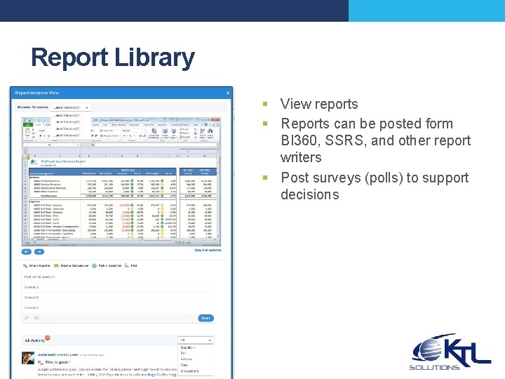Report Library § View reports § Reports can be posted form BI 360, SSRS,