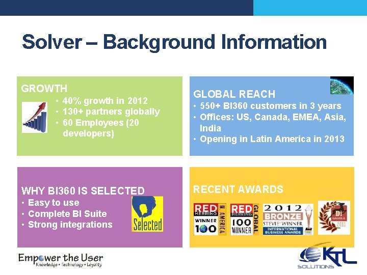 Solver – Background Information GROWTH • 40% growth in 2012 • 130+ partners globally