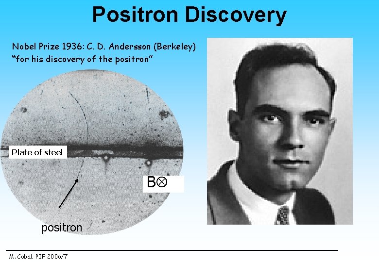 Positron Discovery Nobel Prize 1936: C. D. Andersson (Berkeley) “for his discovery of the