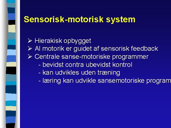 Sensorisk-motorisk system Ø Hierakisk opbygget Ø Al motorik er guidet af sensorisk feedback Ø