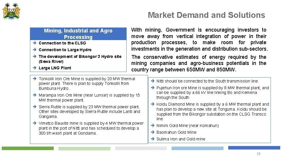 Market Demand Solutions Mining, Industrial and Agro Processing è Connection to the CLSG è