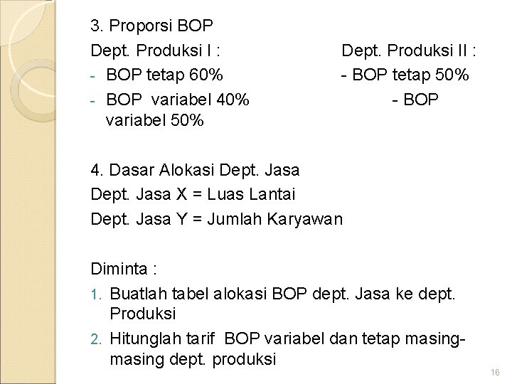 3. Proporsi BOP Dept. Produksi I : - BOP tetap 60% - BOP variabel