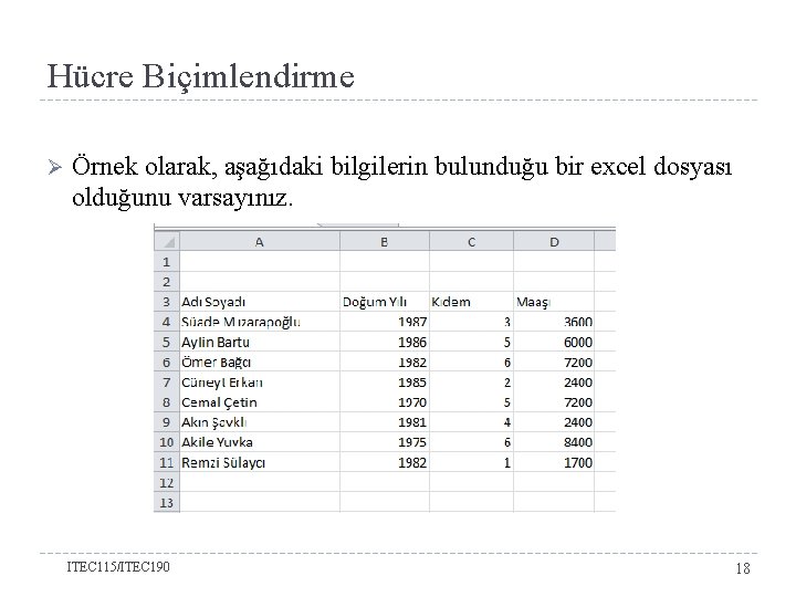 Hücre Biçimlendirme Ø Örnek olarak, aşağıdaki bilgilerin bulunduğu bir excel dosyası olduğunu varsayınız. ITEC