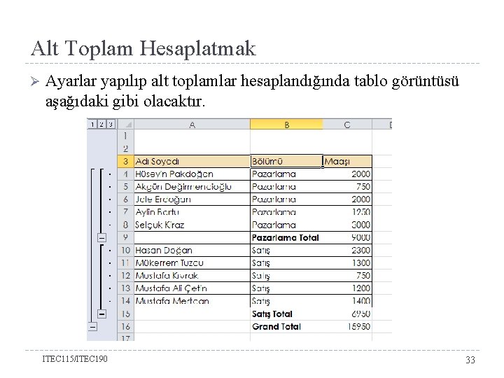 Alt Toplam Hesaplatmak Ø Ayarlar yapılıp alt toplamlar hesaplandığında tablo görüntüsü aşağıdaki gibi olacaktır.