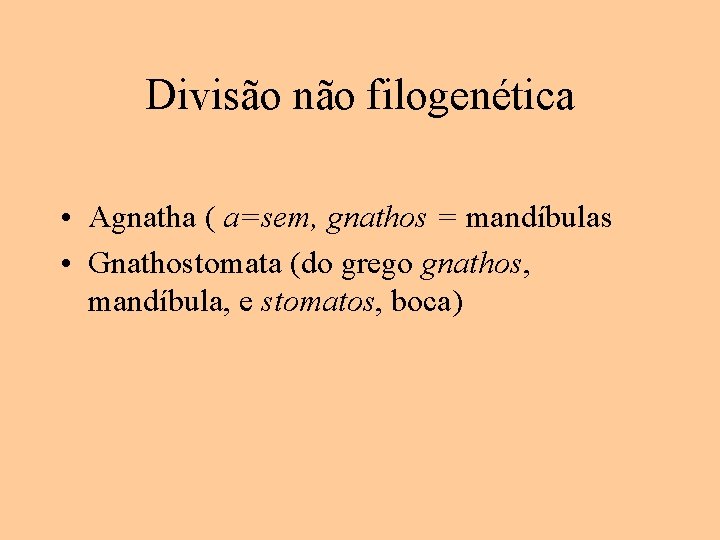 Divisão não filogenética • Agnatha ( a=sem, gnathos = mandíbulas • Gnathostomata (do grego
