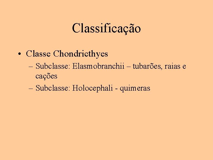 Classificação • Classe Chondricthyes – Subclasse: Elasmobranchii – tubarões, raias e cações – Subclasse: