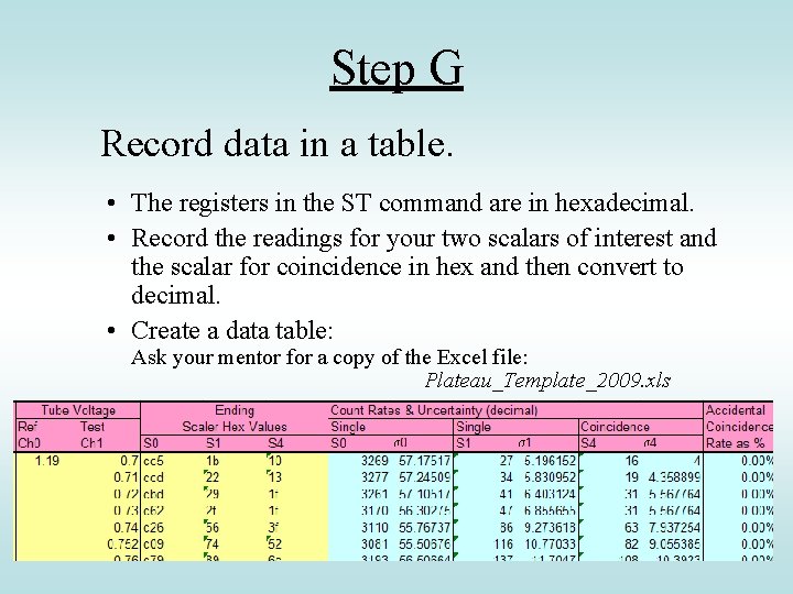 Step G Record data in a table. • The registers in the ST command