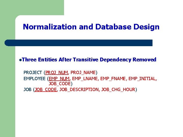 Normalization and Database Design l. Three Entities After Transitive Dependency Removed PROJECT (PROJ_NUM, PROJ_NAME)