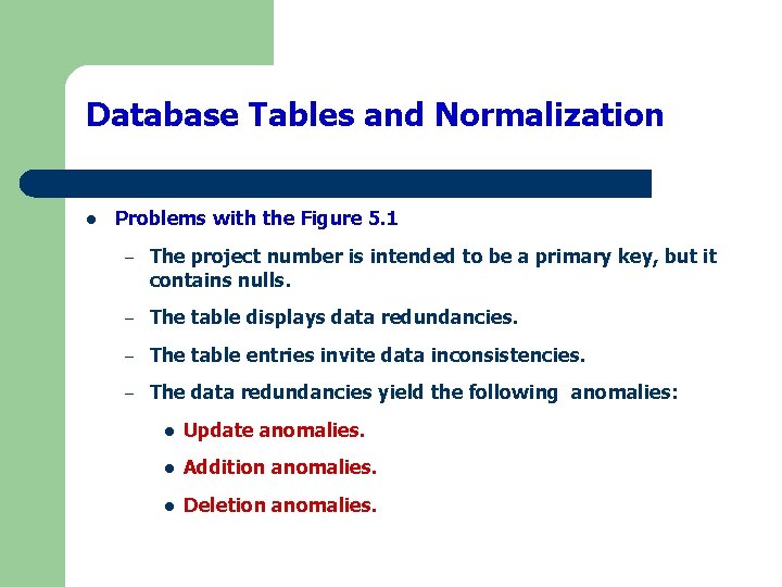 Database Tables and Normalization l Problems with the Figure 5. 1 – The project