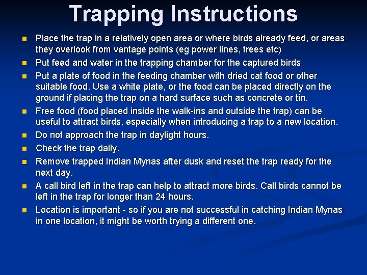 Trapping Instructions n n n n n Place the trap in a relatively open