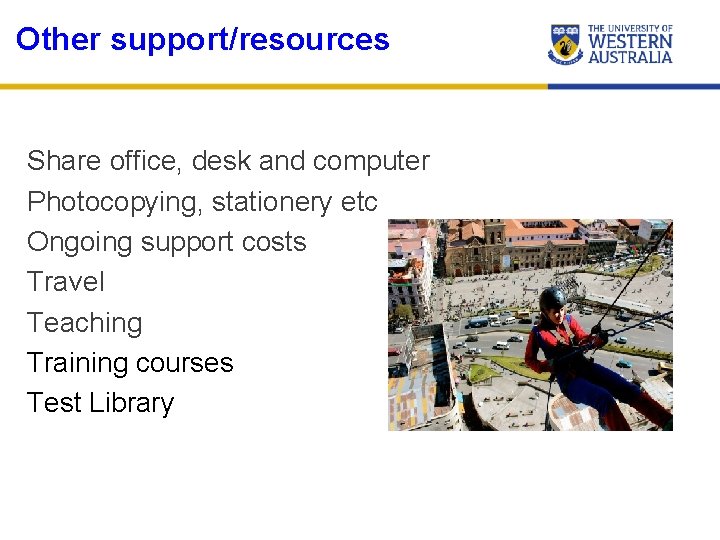 Other support/resources Share office, desk and computer Photocopying, stationery etc Ongoing support costs Travel