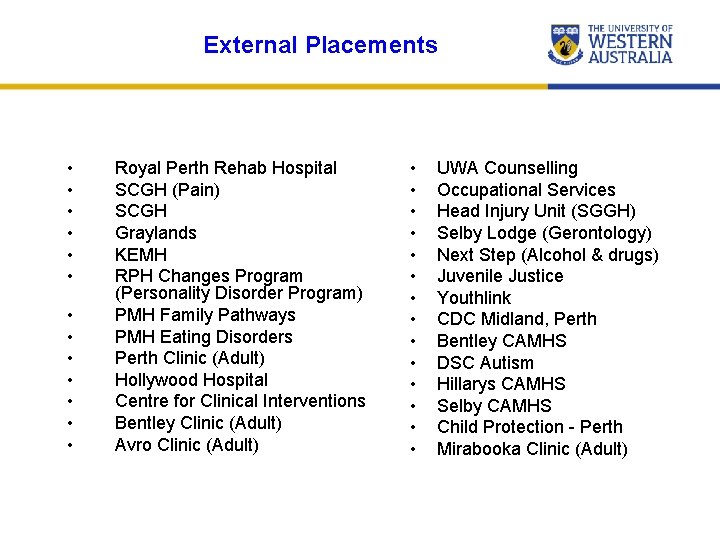 External Placements • • • • Royal Perth Rehab Hospital SCGH (Pain) SCGH Graylands