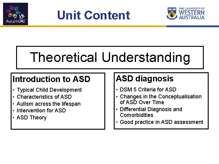 Unit Content Theoretical Understanding Introduction to ASD diagnosis • • • DSM 5 Criteria