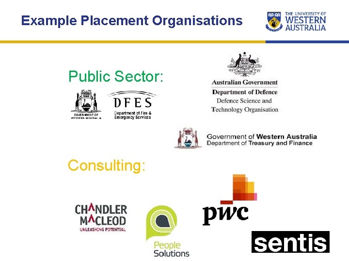 Example Placement Organisations Public Sector: Consulting: 