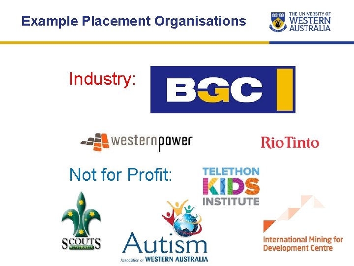 Example Placement Organisations Industry: Not for Profit: 
