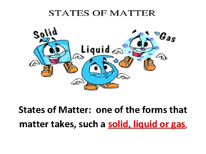 States of Matter: one of the forms that matter takes, such a solid, liquid