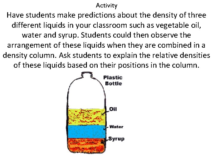 Activity Have students make predictions about the density of three different liquids in your