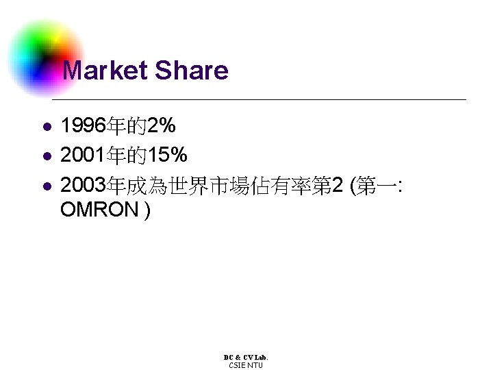 Market Share l l l 1996年的2% 2001年的15% 2003年成為世界市場佔有率第 2 (第一: OMRON ) DC &