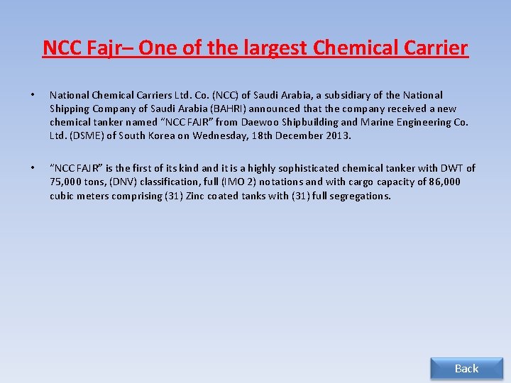 NCC Fajr– One of the largest Chemical Carrier • National Chemical Carriers Ltd. Co.