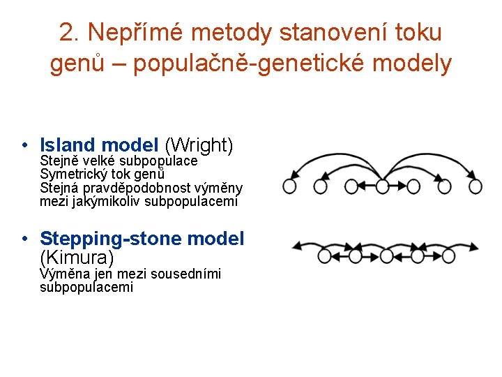 2. Nepřímé metody stanovení toku genů – populačně-genetické modely • Island model (Wright) Stejně