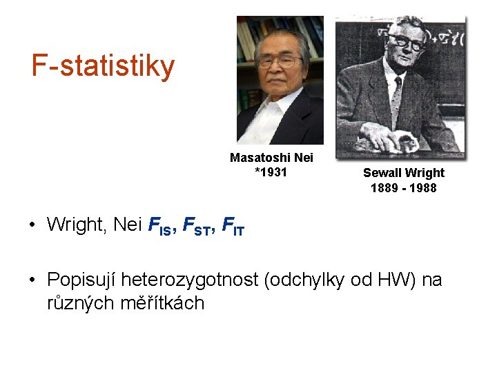 F-statistiky Masatoshi Nei *1931 Sewall Wright 1889 - 1988 • Wright, Nei FIS, FST,