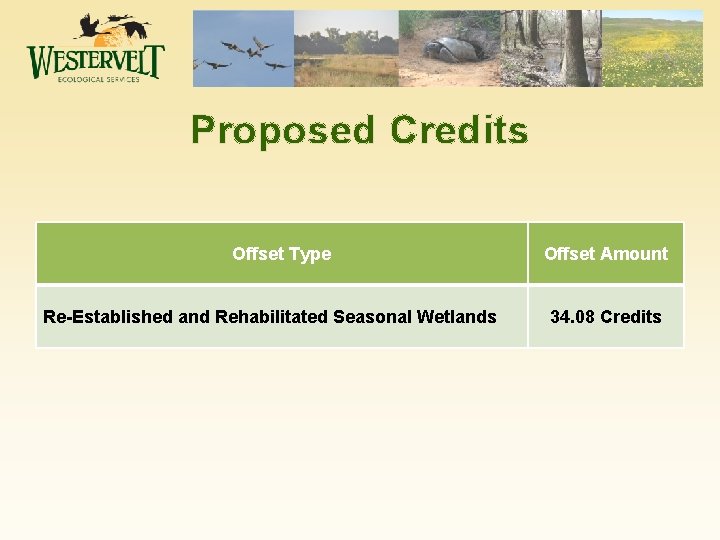 Proposed Credits Offset Type Re-Established and Rehabilitated Seasonal Wetlands Offset Amount 34. 08 Credits
