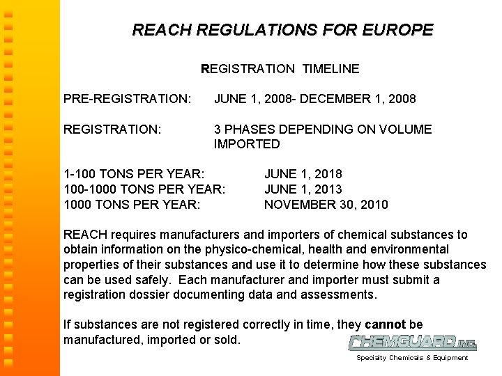 REACH REGULATIONS FOR EUROPE REGISTRATION TIMELINE PRE-REGISTRATION: JUNE 1, 2008 - DECEMBER 1, 2008