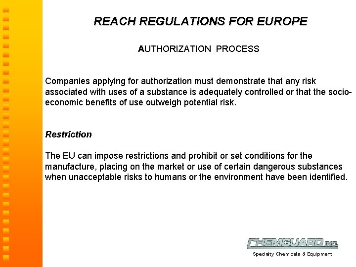 REACH REGULATIONS FOR EUROPE AUTHORIZATION PROCESS Companies applying for authorization must demonstrate that any