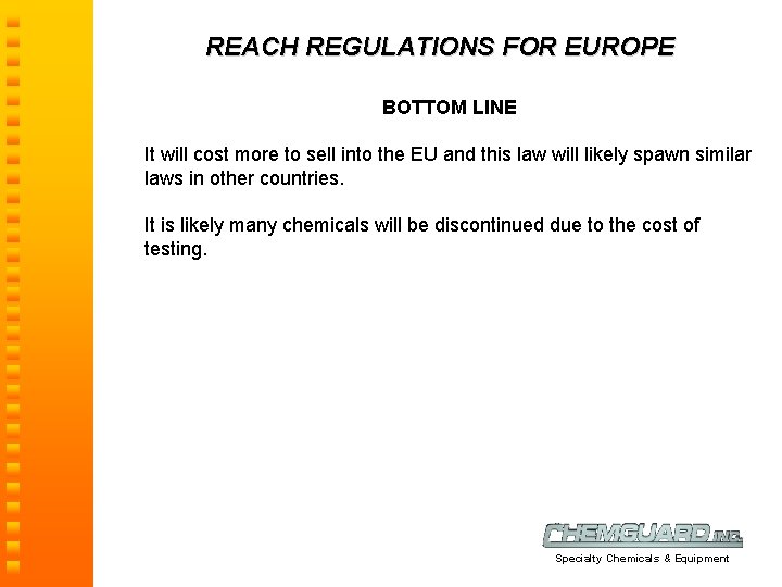 REACH REGULATIONS FOR EUROPE BOTTOM LINE It will cost more to sell into the