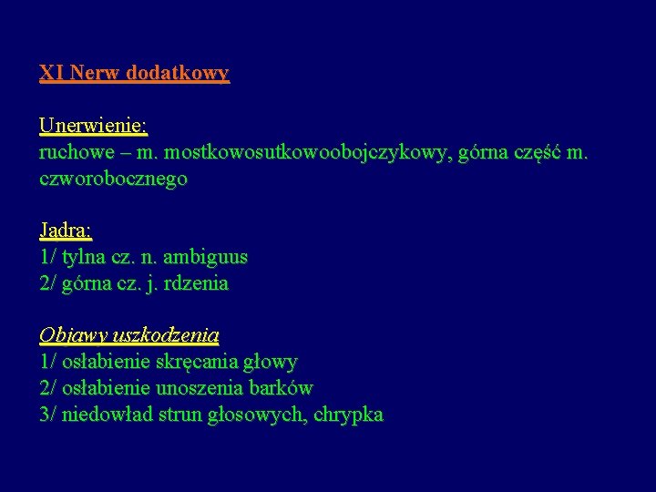 XI Nerw dodatkowy Unerwienie: ruchowe – m. mostkowosutkowoobojczykowy, górna część m. czworobocznego Jądra: 1/