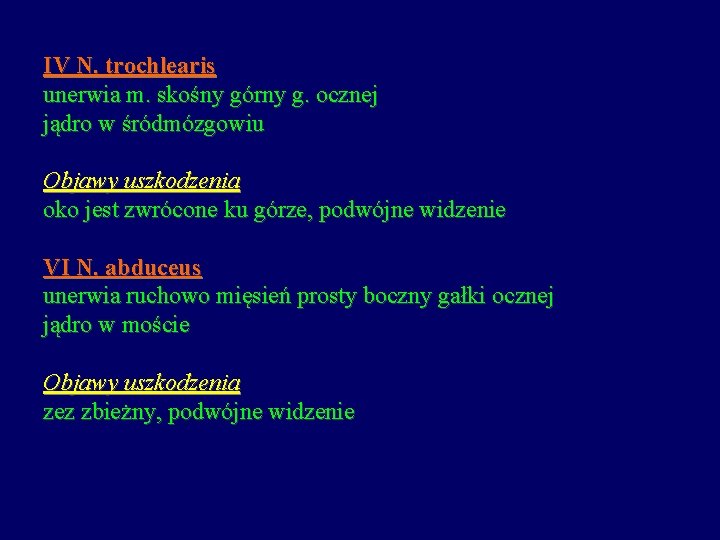 IV N. trochlearis unerwia m. skośny górny g. ocznej jądro w śródmózgowiu Objawy uszkodzenia