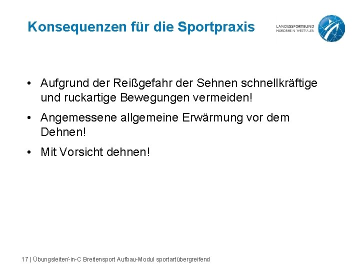 Konsequenzen für die Sportpraxis • Aufgrund der Reißgefahr der Sehnen schnellkräftige und ruckartige Bewegungen