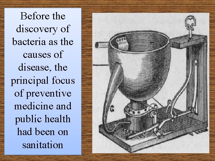 Before the discovery of bacteria as the causes of disease, the principal focus of