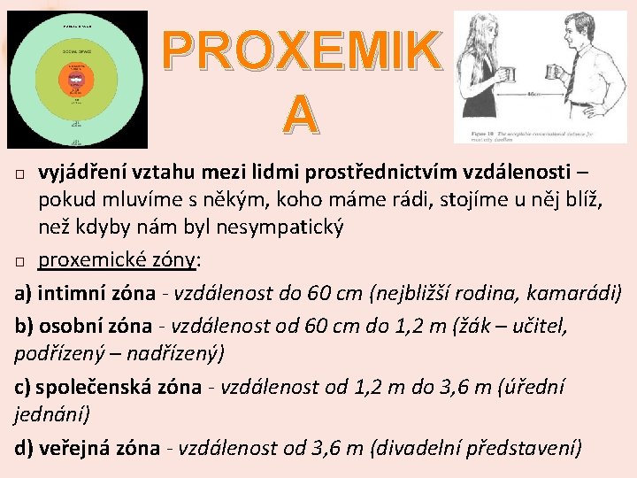 PROXEMIK A vyjádření vztahu mezi lidmi prostřednictvím vzdálenosti – pokud mluvíme s někým, koho