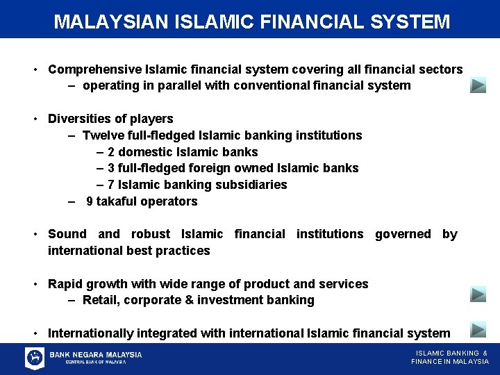 MALAYSIAN ISLAMIC FINANCIAL SYSTEM • Comprehensive Islamic financial system covering all financial sectors –