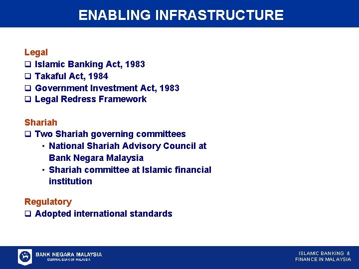 ENABLING INFRASTRUCTURE Legal q Islamic Banking Act, 1983 q Takaful Act, 1984 q Government