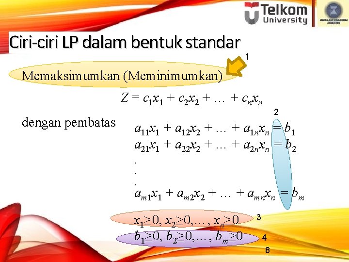 Ciri-ciri LP dalam bentuk standar 1 Memaksimumkan (Meminimumkan) Z = c 1 x 1