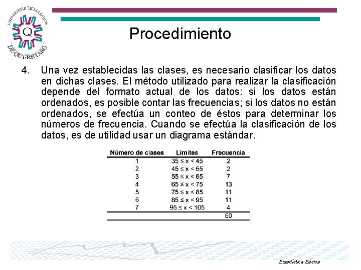 Procedimiento 4. Una vez establecidas las clases, es necesario clasificar los datos en dichas