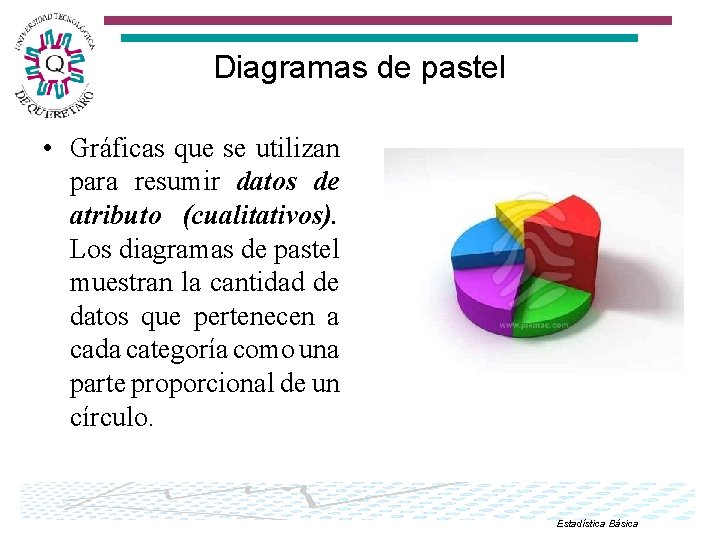 Diagramas de pastel • Gráficas que se utilizan para resumir datos de atributo (cualitativos).