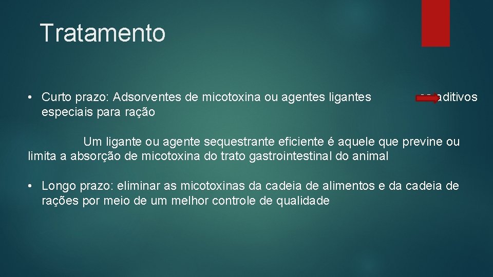 Tratamento • Curto prazo: Adsorventes de micotoxina ou agentes ligantes os aditivos especiais para